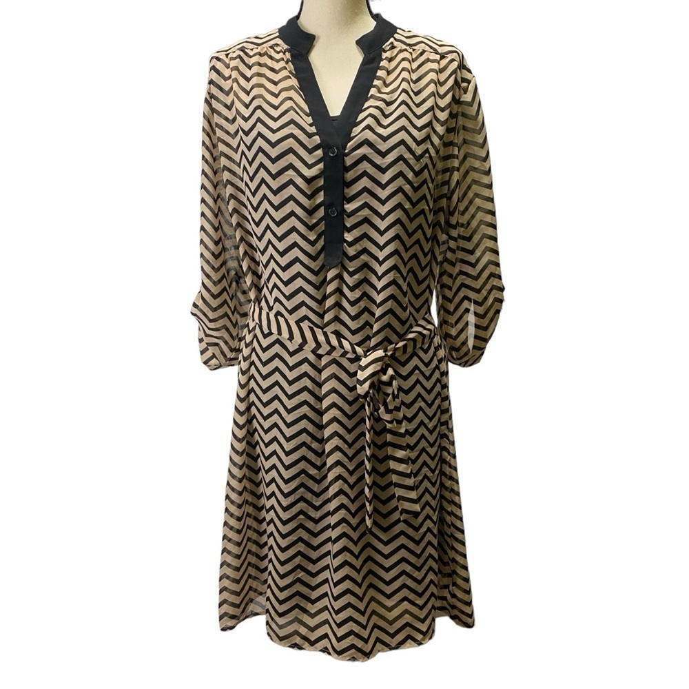Tacera Long Sleeve Midi Dress Sz XL Chevron Tan / Black